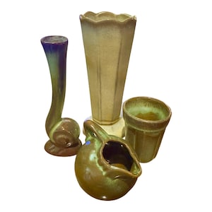 Vintage Frankoma Pottery Set: Green & Gold Vases, Creamer, Tumbler