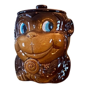 Vintage 1950’s, Glazed Ceramic and Hand Painted Smiling Monkey Cookie Jar | Mid Century Kitchen Decor