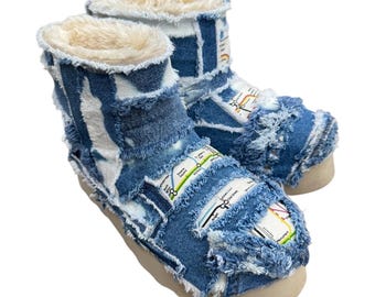 Distressed Denim Platform Clogs: Bleached Blue & White, Faux  display picture 2