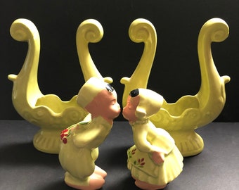 Four Piece, Vintage, 1950’s Green Japanese/Asian/Dutch Ceramic Kissing Couple and Harp Shaped Decorative Vases