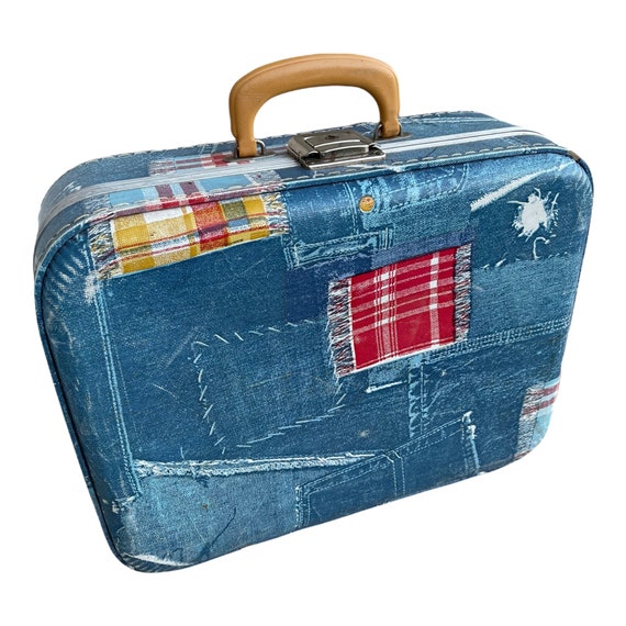 Vintage 1970’s Faux Denim Patchwork Suitcase/Week… - image 1