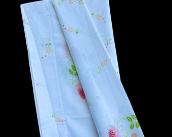 Adorable, Vintage 1980’s Fieldcrest White Sheet with Strands of Pink, Green and Mellon-Colored Flowers, Full Flat Sheet