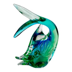 Vintage 1970’s Blue, Green and Clear Murano Italian Glass Fish Paperweight, No Markings