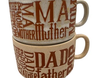 Vintage 1970s Mom & Dad Stoneware Soup Mugs - Made in Japan
