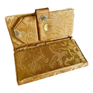 Cartera/bolsillo vintage de vinilo dorado de los años 60 para mujer con chequera, monedero y bolsillo para fotos