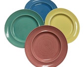 Four Vintage, 1970 80 Carnivale Stoneware, Small Dinnerware, Bread and Butter Salad Plates Slate Blue, Green, Yellow and Dusty Rose