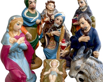 One of a Kind, Large Vintage, Eight Piece, 1975 Hand Painted Plaster/Chalk-Ware Mid Century Nativity Set