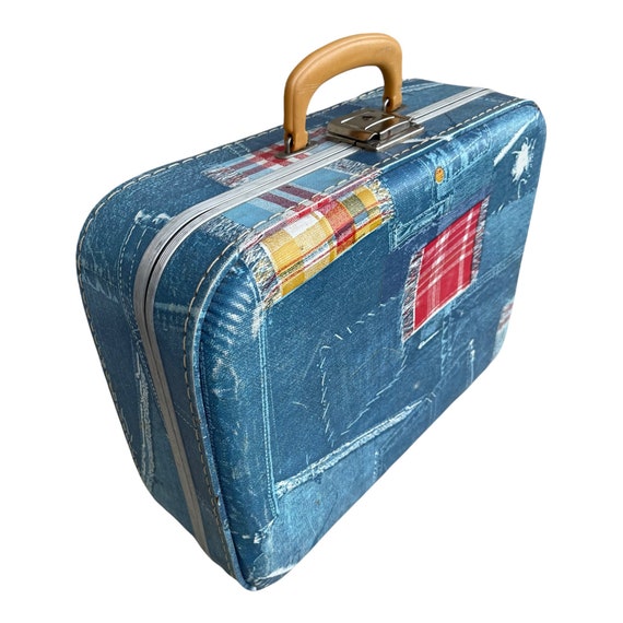 Vintage 1970’s Faux Denim Patchwork Suitcase/Week… - image 2