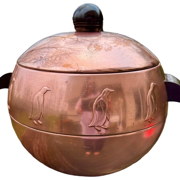 Vintage 1950’s/60’s West Bend Aluminum Copper Penguin, Hot and Cold Server Bucket with lid with Big Ball Top and Dark, Hard Plastic Handles