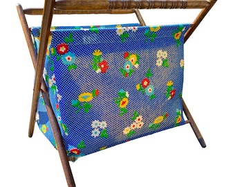 Large, Vintage 1970’s Wooden Folding Knitting Basket/Caddy in a Whimsical Blue Fabric w/ White Polkadots and Flowers in Bright Colors