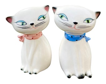 Vintage 1950’s, Holt Howard Mid Century, Cozy Kitten, Ceramic Salt and Pepper Shakers, One with a Blue Bow the Other, a Pink Bow