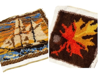 Vintage 1970s Latch Hook Rugs: Unfinished Yarn Ship & Fall Leaf