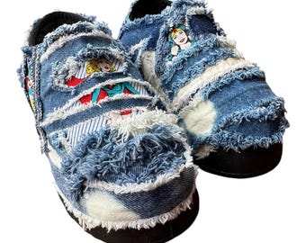 Distressed Denim Platform Clogs: Bleached Blue & White, Faux  display picture 2
