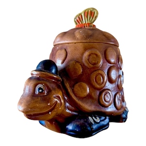Vintage 1970s Ceramic Turtle Cookie Jar: Butterfly Lid, USA Kitchen Decor