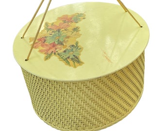 Vintage 1940’s/1950's Round, Soft, Pastel Yellow Princess Wicker Sewing Basket Box w/ Floral Appliqué
