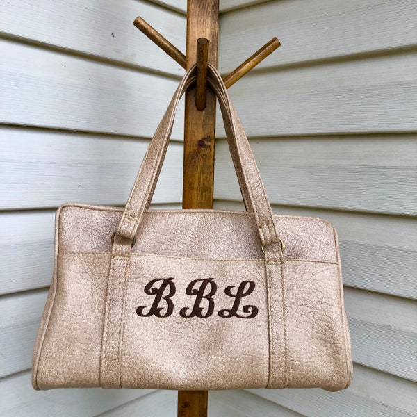 Vintage 1960’s Light Brown Naugahyde, Two Top Handle Purse Retro Handbag with Embroidered Initials