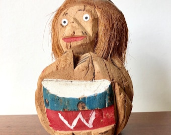Hand Carved Painted Coconut Wood Monkey Coin Bank w/ Drum Tiki Bar Decor