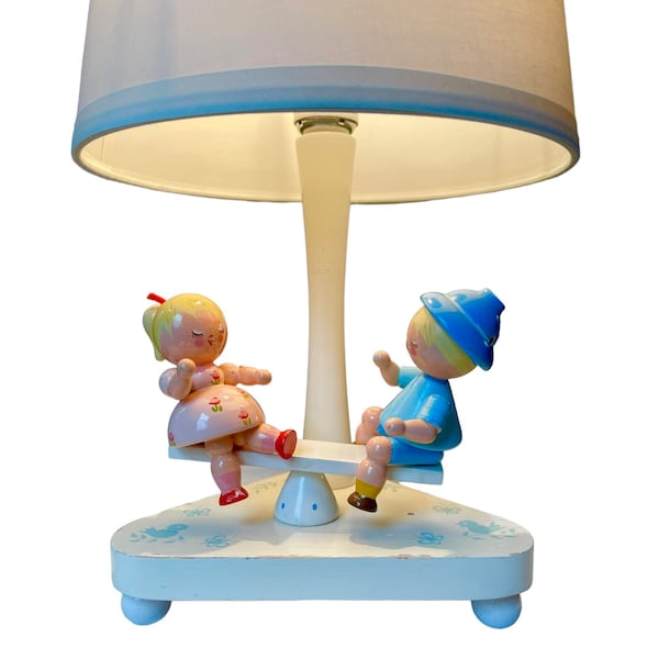 Vintage 1960’s/70’s Wooden Lamp with Little Girl and Boy See-Sawing atop a White Base with Blue Birds Made by Nursery Plastics