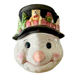 Vintage 1980’s Hand Painted Classic Christmas Snowman Ceramic Candy or Cookie Jar