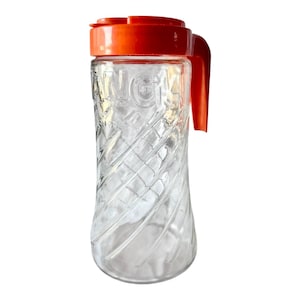 Vintage 1970s Anchor Hocking Glass Tang Pitcher with Orange Lid