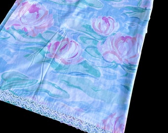 Vintage 1990’s Martex Soft Pink and Blue Pastel Full Flat Sheet with Cotton Lacy Top