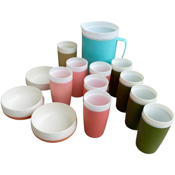 14 Piece, Vintage 1960’s Multi-Colored and Random Pieces of Therm-O-Ware, Ten Tumblers, Three Bowls and One Pitcher