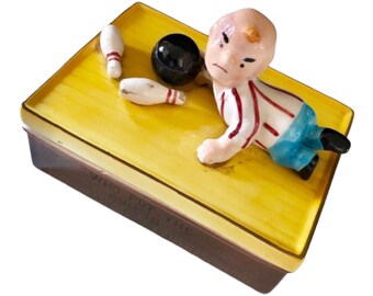Vintage 1950’s/60’s Buffer the Bowler Ceramic Trinket Box, “Who Put the Gum in the Holes?”