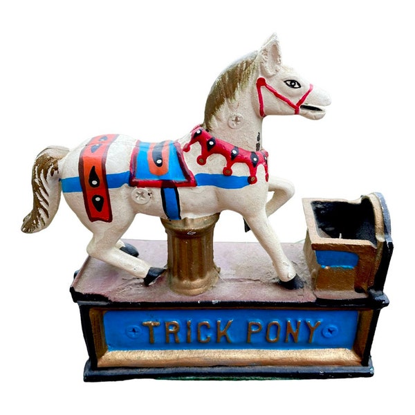 Vintage Early 1970’s Painted Cast Iron Trick Pony, Victorian Revival Carrousel Mechanical Horse Piggy Bank