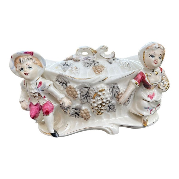 Vintage, 1950’s Rococo Revival Era White and Gold Porcelain Oblong Candy Dish w/ Lid, Home Decor Featuring French Dandy