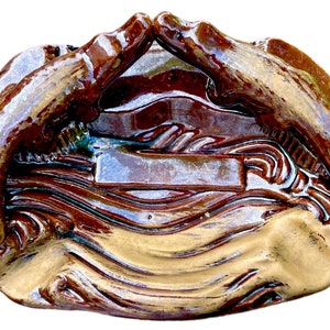 Vintage 1960's Glazed Brown and Gold Ceramic Florida Souvenir Ashtray or Trinket Dish featuring Two Alligators