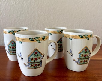 Set of 4 Vintage Thomson Pottery Bird Mugs Birdhouse Flowers Ivy Mug Set Country Garden Coffee & Tea Mugs