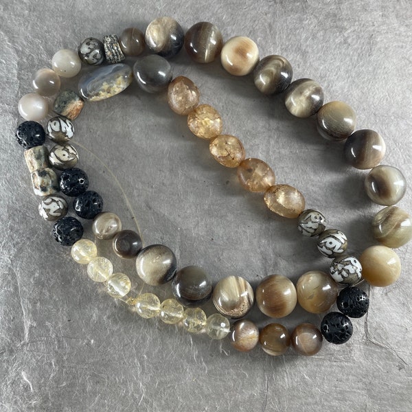 Destash, Mixed vintage  beads, Horn, Tibetan mantra etched beads, moonstone, ancient granite, prayer beads, lava, brown moonstone