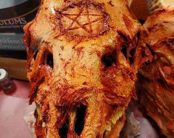 May include: A close-up of a red and orange skull mask with a pentagram symbol on the forehead. The mask is made of a textured material that looks like skin. The mask is a Halloween costume prop.