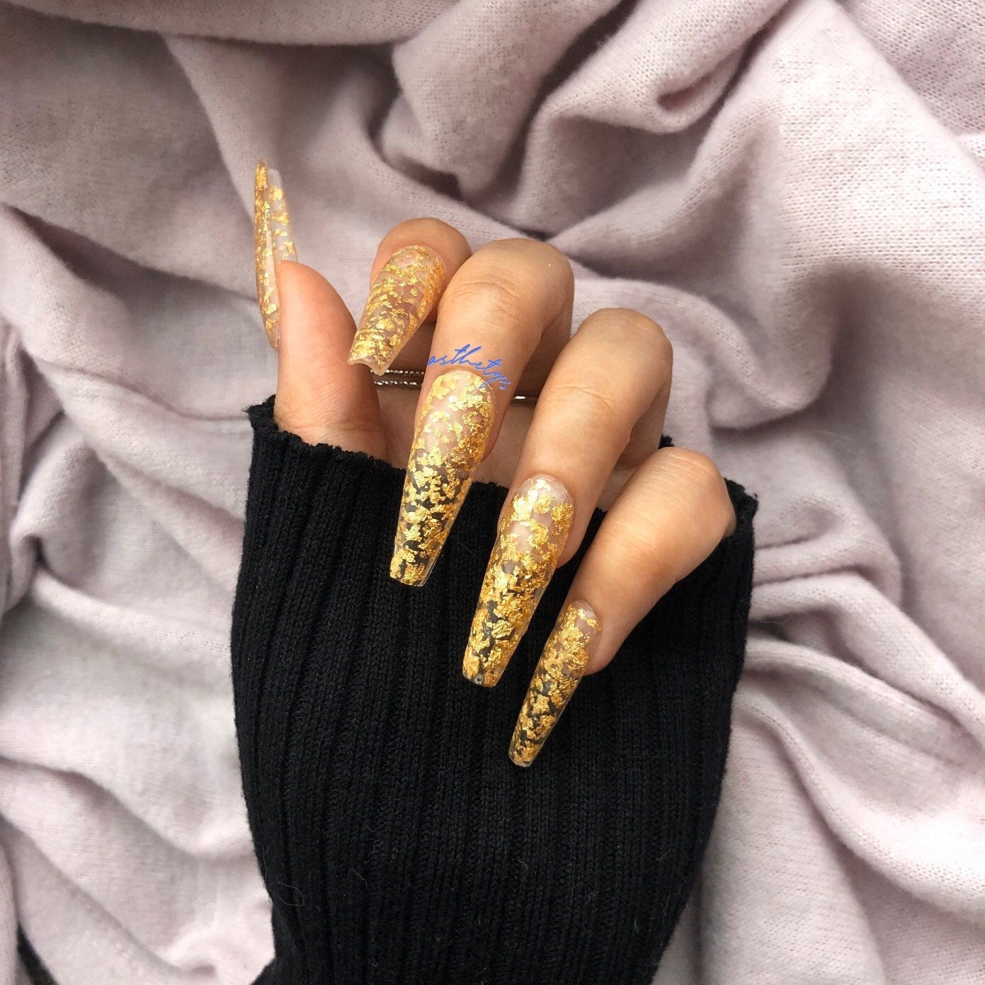Gold Leaf Press On Nail Set Pre Designed Fake Nails Etsy