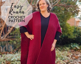 May include: A woman wearing a burgundy crochet ruana with the text "Easy Ruana Crochet Pattern" on a white circle in the background.