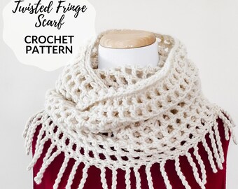 May include: A crocheted scarf with a twisted fringe pattern in a cream color. The scarf is displayed on a mannequin with a red shirt underneath. The text "Twisted Fringe Scarf CROCHET PATTERN" is displayed above the scarf.