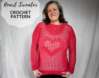 May include: A crochet pattern for a red heart sweater. The pattern is called "Heart Sweater Crochet Pattern".