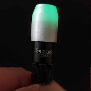 May include: A small, black flashlight with a green light at the top. The flashlight has a silver cap and the text "1R2 EOS 11258806" printed on the side.
