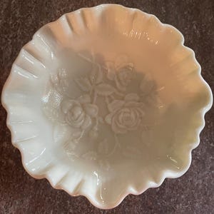 Vintage imperial glass white satin footed glass bowl w/ flowered