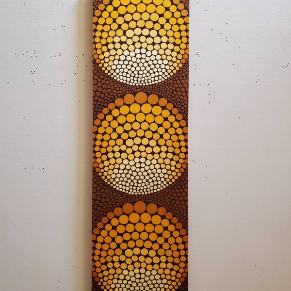 Awesome one of a kind Mid Century Vintage 70s 60s retro stretched fabric framed art wall hanging-Dekoplus golden brn circles op art piece!