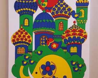 May include: A colorful illustration of a whimsical cityscape with a yellow elephant in the foreground. The city is made up of blue, green, and red buildings with yellow, red, and blue accents. There are birds and a rooster in the illustration.