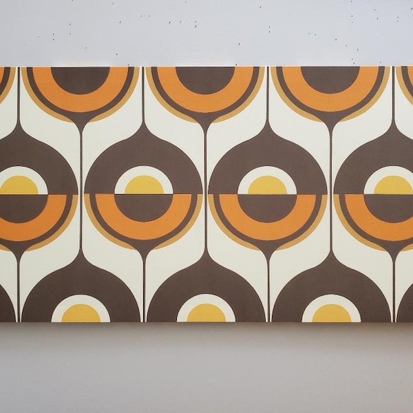Awesome Mid Century Vintage 60s 70s retro stretched fabric framed art wall hanging- Abstract huge half circles orange brown cream drop piece