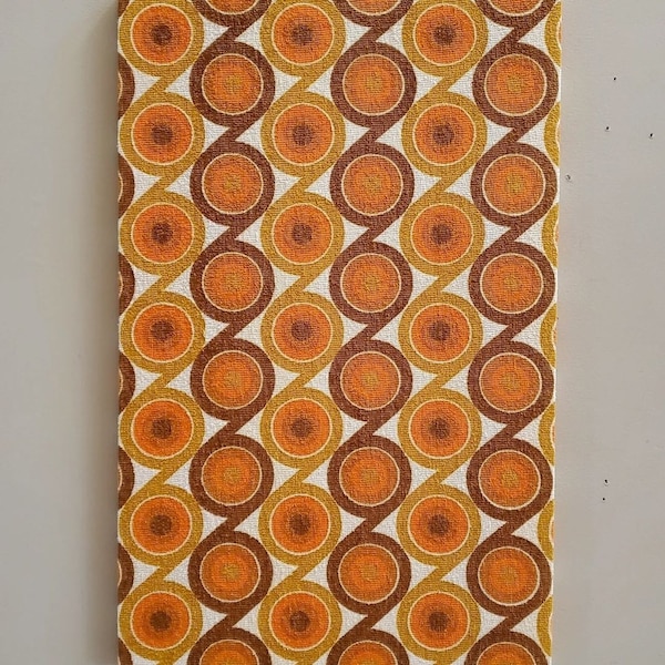 Awesome Mid Century Vintage 60s 70s retro stretched fabric framed art wall hanging- Groovy diagonal circles org brn terry cloth piece!