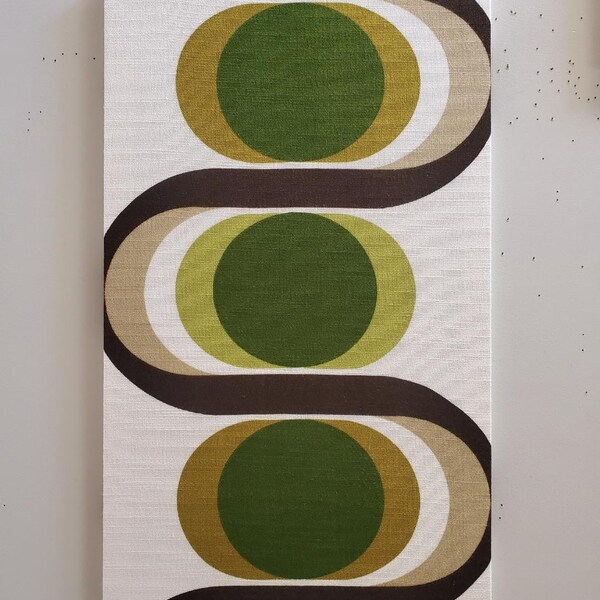 Awesome Mid Century Vintage 60s 70s retro stretched fabric framed art wall hanging- Bold greens and brown circle oval waves piece!