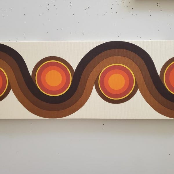 Awesome Mid Century Vintage 60s 70s retro stretched fabric framed art wall hanging- Striped brn blk wave with striped org red circles piece!