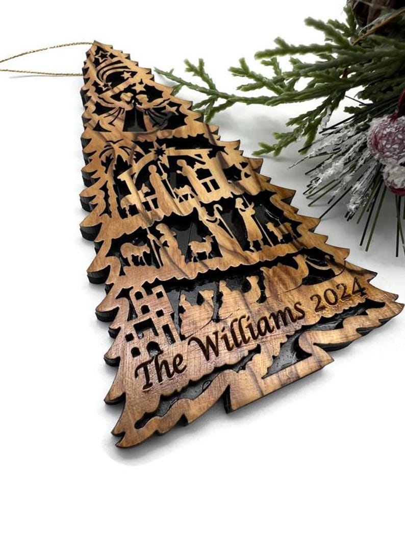 Personalized Nativity Ornament , Olive Wood Nativity Scene Ornament for