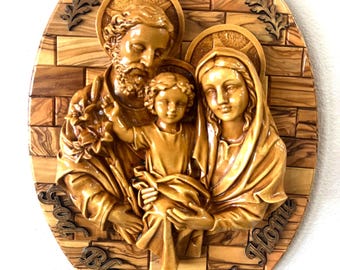 Olive Wood Holy Family Wall Art: Hand-Carved Holy Land Decor , Catholic House Blessing Gift