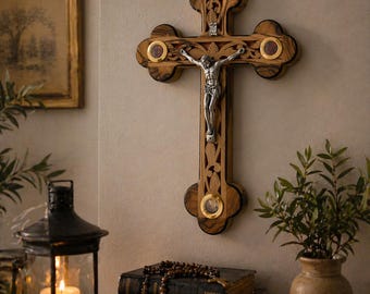 Olive Wood & Mother of Pearl Crucifix with Relics - Holy Land Decor