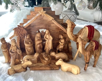 Christmas Nativity Scene , Holy Land Olive Wood Nativity Set Large ,Wooden Nativity Christmas Tree Decoration, Holy Family Wood Manger Scene