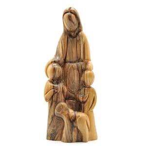 Olivenholz Jesus mit Kindern Statue Handgefertigte Geschenke aus dem Heiligen Land Bethlehem, einzigartige religiöse Wohnkultur Katholische Geschenke, Christus Statue